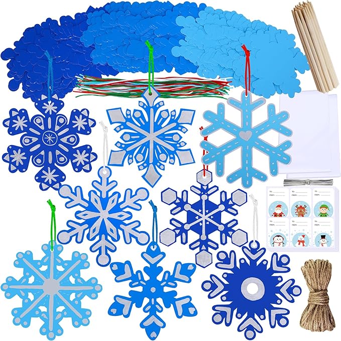 Winlyn 56 Sets 8 Styles Magic Color Scratch Blue Snowflake Ornaments Decorations Scratch Art Christmas Craft Kits Winter Crafts for Kids Holiday Seasonal Home Classroom Activities Party Favors
