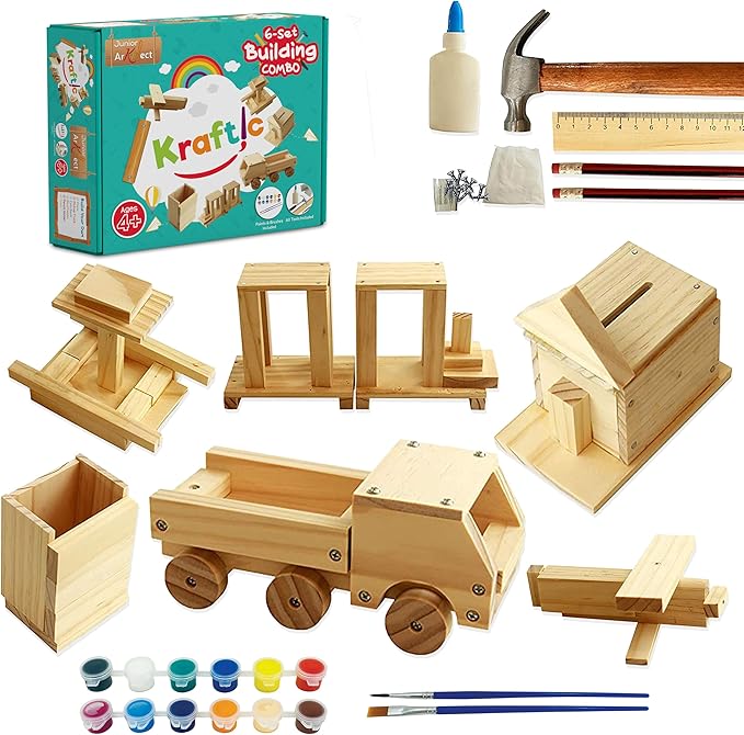 Kraftic Woodworking Building Kit for Kids and Adults, with 6 Educational Arts and Crafts DIY Carpentry Construction Wood Model Kit Toy Projects for Boys and Girls