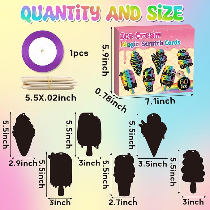 CY2SIDE Ice Cream Scratch Cards - 60PCS Summer Sweet Candy Ornament Scratch Crafts Card Gift Set for Kids Cones Magic Art Rainbow Color Craft Scratch Kit for Kids Birthday Party Favors School Activity