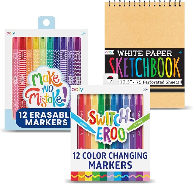 Ooly 24 Dual Tip Color Changing and Erasable Markers & Sketchbook Bundle, Switch-eroo and Make No Mistakes, 12 Color Change Markers, 12 Erasable Markers, Chisel Tip