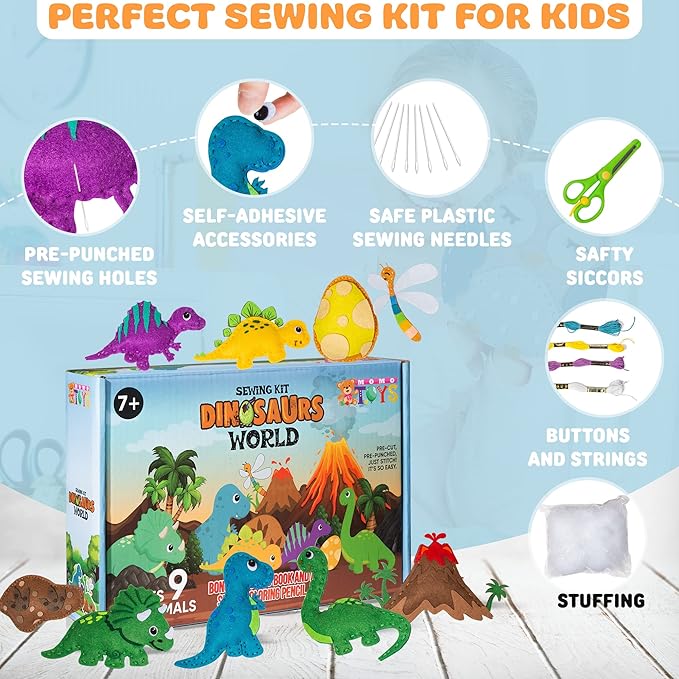 MOMOTOYS Sewing Kit for Kids, Fun & Educational Dinosaur Sew Craft Set for Boys and Girls Ages 8-12, Complete Beginner Kids Sewing Kit with Felt Plushie for Creative DIY Projects