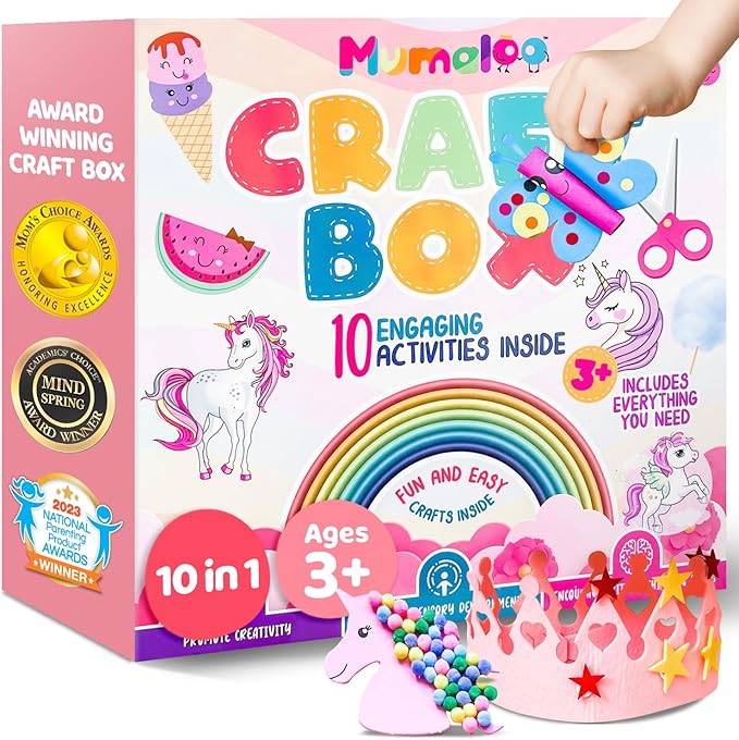 Unicorn Craft Box - 10 Fun Arts and Crafts for Kids Ages 4-8, No Mess, Educational, Mermaid Art Projects, Toddler Crafts & Activities Kit with Supplies, Gift for Girls 3 4 5 6 7 8 Years Old