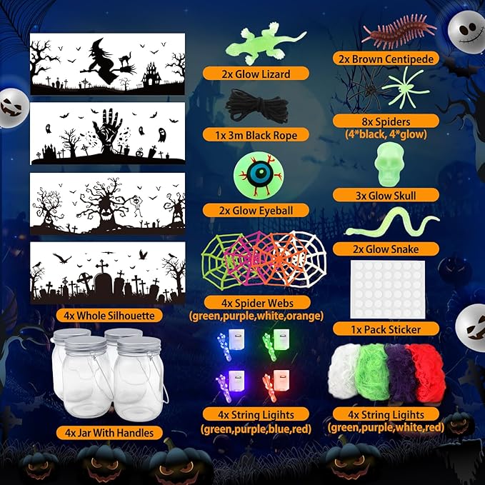 SpringFlower Halloween Craft for Kids, Halloween Mason Jar with Accessories,Halloween Art Activities Party Favors Supplies, Halloween DIY Lantern Jar,4 Pack