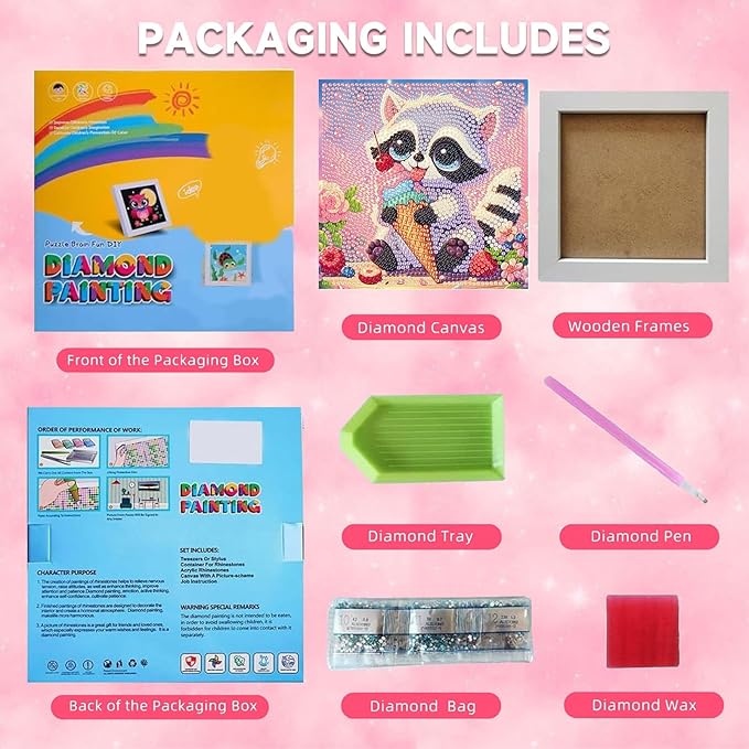 Raccoon Diamond Art Painting Kits with Frame- Animals Diamond Painting Kit with Frame, Cute DIY Diamond Art Kits as Wall Decoration 7X7 Inch