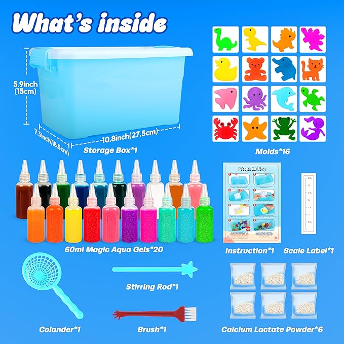 Mocoosy 20 Colors Magic Fairy Water Elf Toy Kit for Kids, Aqua Elf Water Gel Kit with 20 Magic Gels & 16 Squishy Maker Molds, Magical Squishy Paint Set Art Crafts STEM Game Activities for Boys Girls