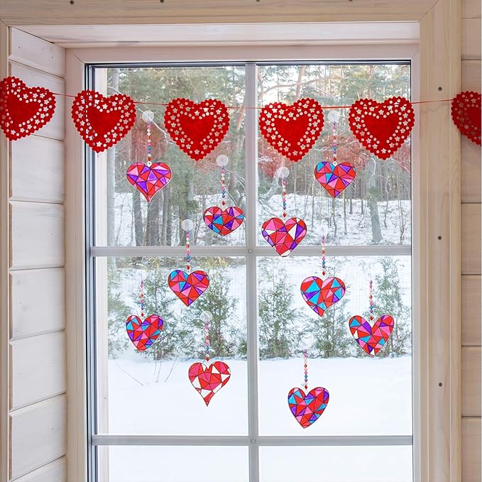 Winlyn 24 Sets Heart Suncatchers Ornaments Decorations DIY Window Paint Art Stickers Crafts Heart Sun Catchers Kits for Kids Valentine's Day Pirate-Themed Birthday Activities Party Favors Art Project