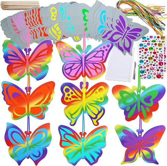 Winlyn 48 Sets 8 Styles Magic Color Scratch Butterfly Ornaments Decorations Butterfly Scratch Art Butterfly Craft Kits for Kids Classroom Easter Day Spring Activities Party Favors