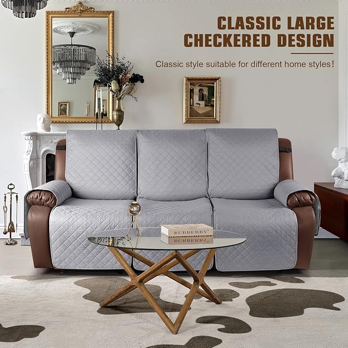 KinCam 100% Waterproof Recliner Sofa Covers, Non-Slip Reclining Couch Covers for 3 Seat, Recliner Couch Cover Furniture Protector with Elastic Straps for Pets, Kids, Light Gray