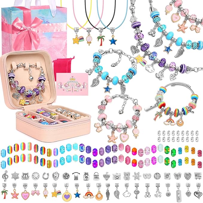 Charm Bracelet Making Kit for Girls, 140 PCS DIY Craft Bead Sets Jewelry Making Kit for Teen Girls Age 8-12, Portable Bracelet Organizer Gift Box for Teenage Birthday Christmas Stocking Gift