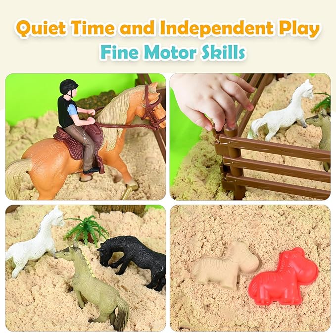 Sensory Bin - Horse Stable Playset Play Sand for Kids,Sandbox with Cover, 1.7 LB Magnetic Sand，Tractor and Stable, Rider and Horse,Rock Painting Kit,Sensory Toys for Autism 3 4 5 6 7 8 Year and Up