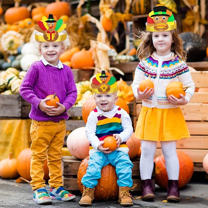 Winlyn 24 Sets Thanksgiving Turkey Headbands Fall Thanksgiving Craft Kits DIY Turkey Hats with Fall Leaf Pumpkin Turkey Feather Foam Stickers Googly Eyes Art Sets for Kids Party Classroom Activities
