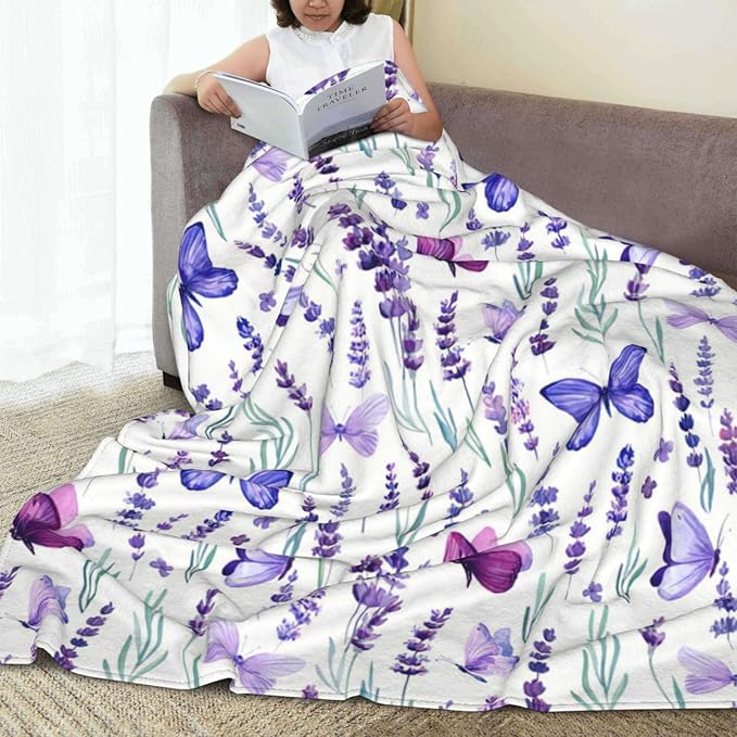 Purple Lavender Floral Flowers Butterfly Throw Blanket Gifts for Girls Boys Men Women Ultra Soft Warm All Season Decorative Fleece Blankets for Bed Chair Car Sofa Couch Bedroom 40"X50"