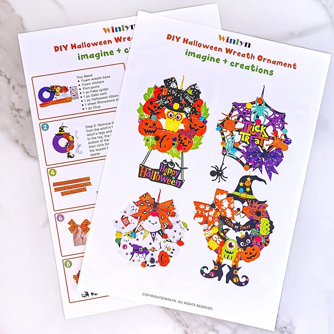 Winlyn 12 Sets Halloween Wreath Signs Decorations DIY Halloween Craft Kits Fall Kids Crafts Art Sets Ghost Spider Web Witch Hat Pumpkin Foam Stickers Arts and Crafts for Kids Home Classroom Activities