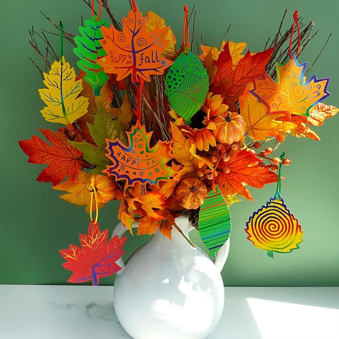 Winlyn 48 Sets 12 Desgins Colorful Magic Color Scratch Fall Leaves Ornaments Decoration Autumn Scratch Art Leaves Fall Leaf Craft Kits for Kids Halloween Thanksgiving Classroom Activities Party Favors
