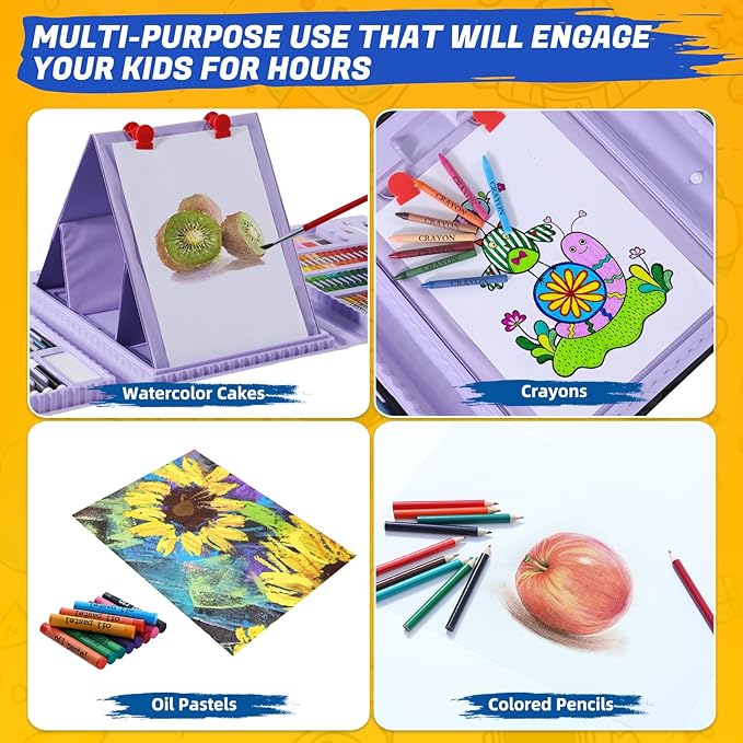 All in One Art Supplies, Art Kit Includes Easel, Origami Paper, Colored Pencils, Crayons, Drawing Book, Coloring Book, Watercolor Pens, Markers and Oil Pastels, Gifts for Girls Boys Teens, Purple