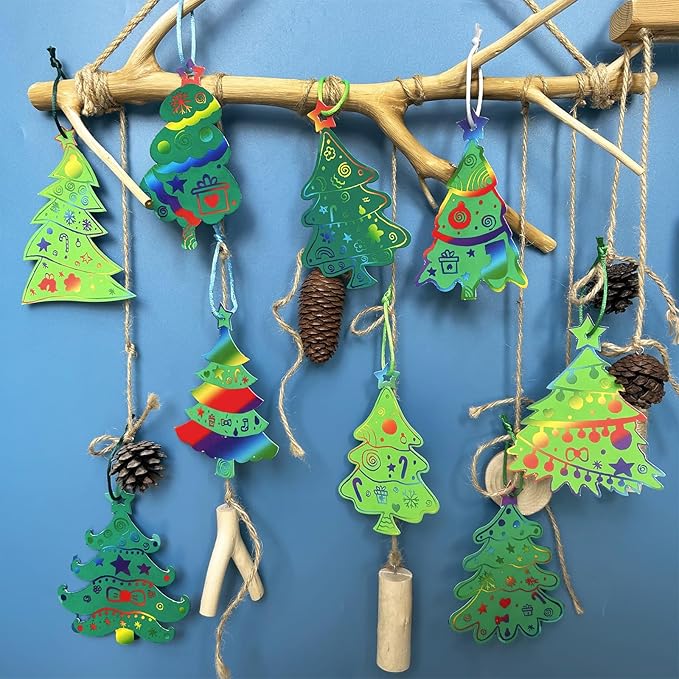 Winlyn 54 Sets 9 Styles Magic Color Scratch Green Christmas Tree Ornaments Christmas Rainbow Scratch Art Decorations Christmas Craft Kits for Kids Classroom Activities Winter Season Party Favors