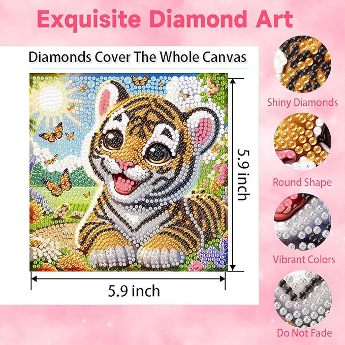 Tiger Diamond Art Painting Kits with Frame- Animal Gem Painting Kit with Frame, Cute Diamond Painting for Wall Decoration 7X7 Inch