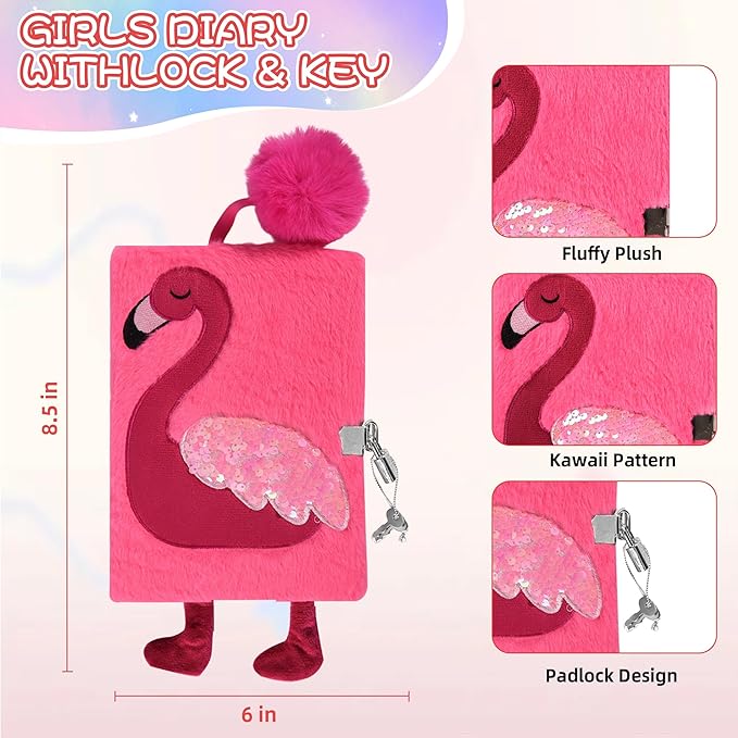LiYiQ Plush Flamingo Diary Gift for Girls Kids Travel Journal Secret Diary with Scrapbook Paper Stickers Journal Stencils Pompom Pen and Washi Tape Practical Set Gift for Birthday Christma