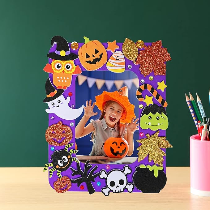 Winlyn 12 Sets Halloween Craft Kits Fall Kids Crafts DIY Halloween Picture Frame Decorations Art Sets Pumpkin Ghost Monster Foam Stickers Arts and Crafts for Kids Halloween Classroom Party Activities