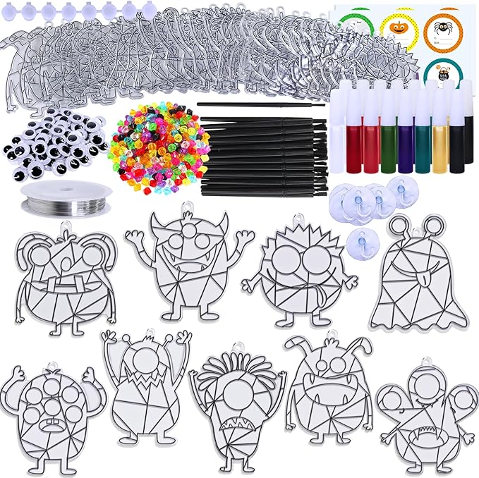 Winlyn 27 Sets Halloween Craft Kits Fall Crafts Monster Suncatchers Ornaments Decorations DIY Window Paint Art Suncatchers Hanging Monster Sun Catchers for Kids Classroom Party Activities