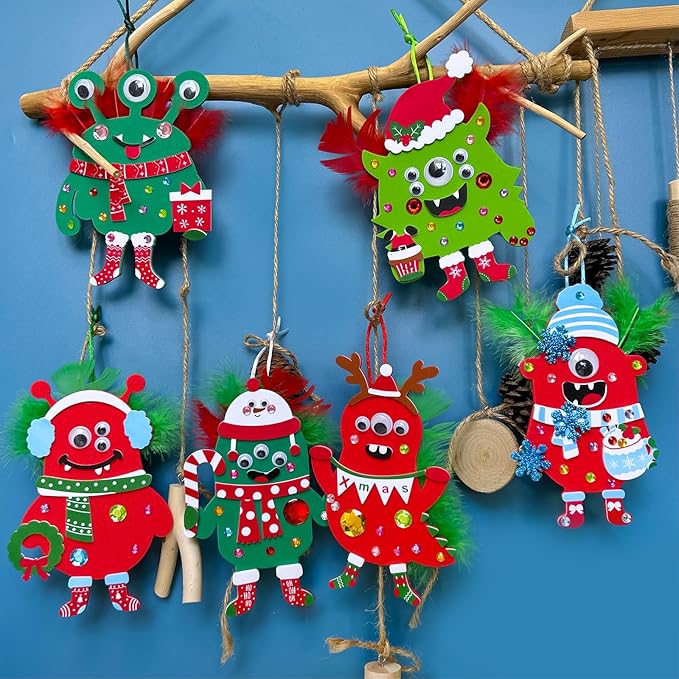 Winlyn 24 Sets Christmas Craft Kits Winter Crafts DIY Monster Ornaments Decorations Art Sets Foam Monster Christmas Stickers Googly Eyes Feathers for Kids Holiday Home Classroom Activities Party Favor