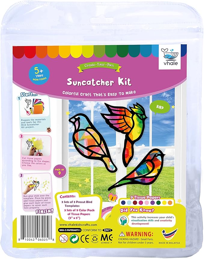 VHALE Suncatchers Craft 3 Sets (9 Cutouts) w Tissue Papers Stained Glass Effect Paper Sun Catcher Kit, Window Art, Classroom Crafts, Creative Art Projects, Kids Party Favors (Bird)