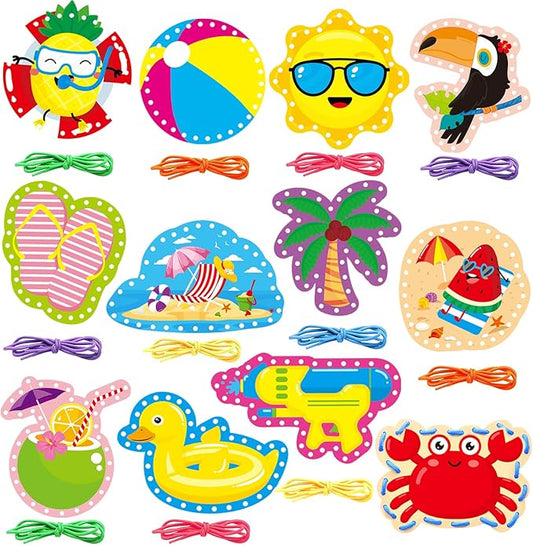 Summer Lacing Cards Sewing Cards 12 Pack Beach Theme Pool Party Decoration Double Sided Cardboard Lacing Playing Games for Kids Toddler Preschool Home Developing Imagination Education Supplies