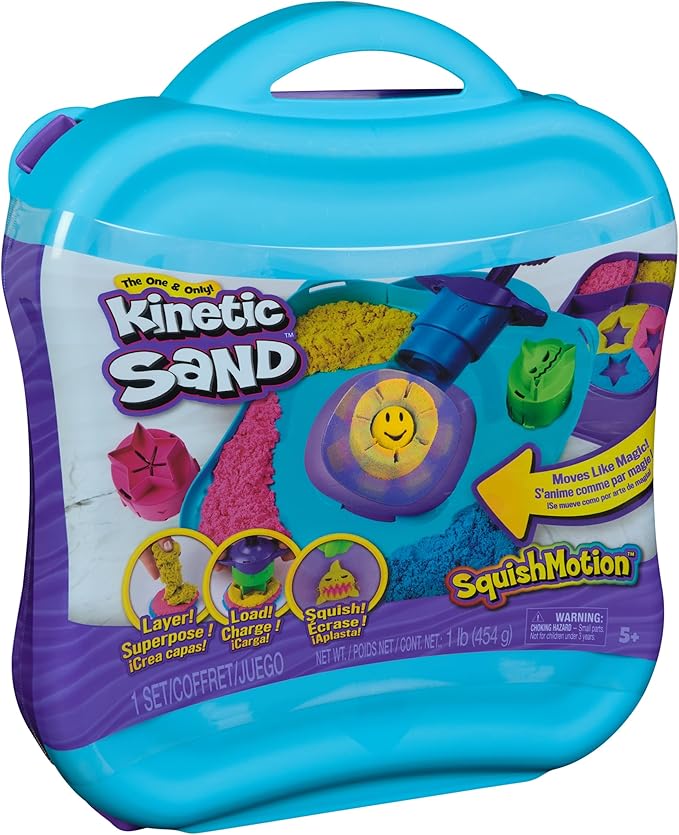 Kinetic Sand, SquishMotion with 1lb Pink, Yellow & Blue Play Sand, Stamper & 5 Tools, Storage Case, Sensory Toys for Kids Ages 5 and up