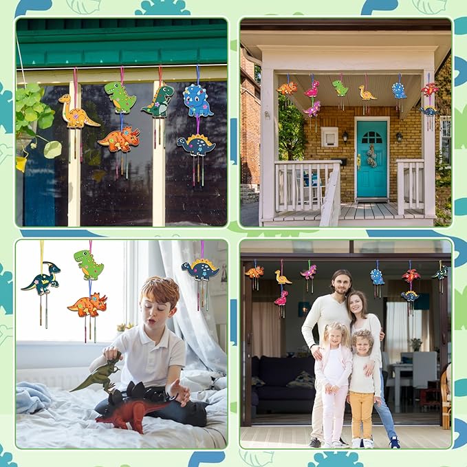 Fennoral 10 Pack Dinosaur Wind Chime Kit for Kids Make Your Own Dinosaur Wind Chime Wooden Arts and Crafts for Girls Boys DIY Coloring Art Activity for Dinosuar Themed Birthday Party Decoration