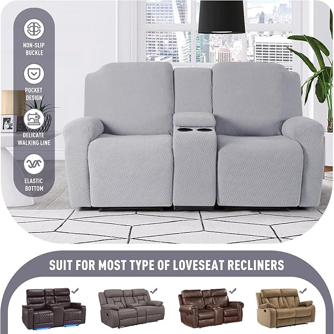 KinCam Loveseat Recliner Covers with Middle Console Slipcover, Recliner Sofa Covers 2 Seat Couch Cover Stripe Jacquard Furniture Protector Covers with Elastic Bottom for Kids, Pets (Silver Gray)