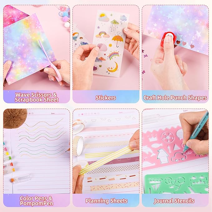 LiYiQ Plush Raccoon Diary Gift for Girls Kids Travel Journal Secret Diary with Scrapbook Paper Stickers Journal Stencils Pompom Pen and Washi Tape Practical Set Gift for Birthday Christma