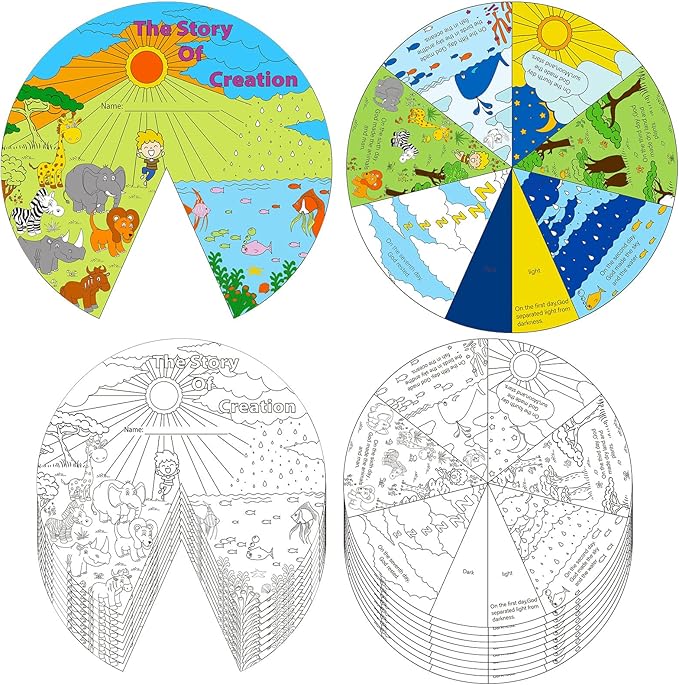 Ireer 24 Sets Sunday School Crafts for Kids Religious Activities Color Your Own Creation Wheel The Story of Creation Wheel Religious Art for Kids VBS Crafts