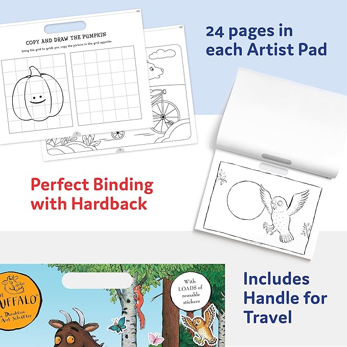 Large Artist Pad with Handle Set, Reusable Sticker Book with Coloring and Puzzle Activities for Kids 3 and Up, Includes 3 Double-Sided Crayons, Kids Art Supplies for Travel and Home