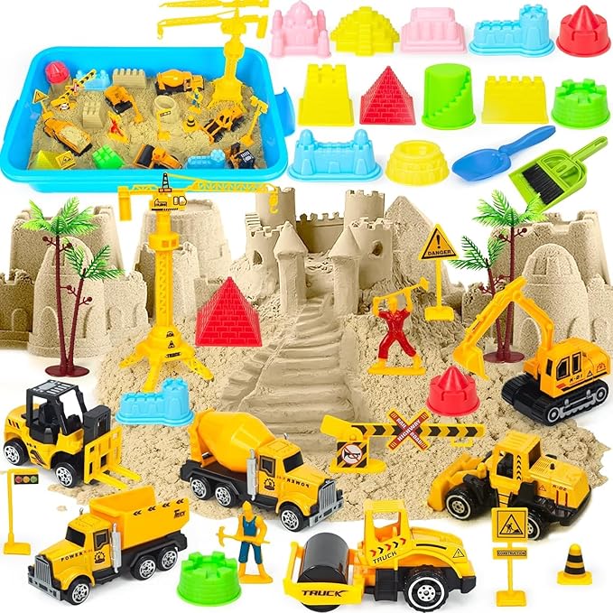 Construction Sensory Bin, Kids Play Sand Art Kit Sandbox with 2.2lbs Magic Sand, Molds, Shovel, 6Pcs Diecast Construction Trucks Toys, Crane, Sensory Sandbox with Cover for Boys Toddlers Age 3-8