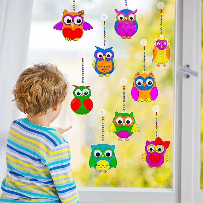 Winlyn 27 Sets Owl Suncatchers Ornaments Decorations DIY Window Paint Art Suncatchers Owl Craft Kits Sun Catchers for Kids Home Classroom Winter Holiday Season Fall Christmas Activities Party Favors