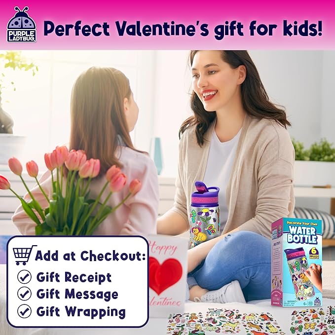 Purple Ladybug Decorate Your Own Water Bottle for Girls - Includes Trendy Stickers, Easter Gift for Ages 5-8, Birthday or Valentines Gift, Great for Little Girls