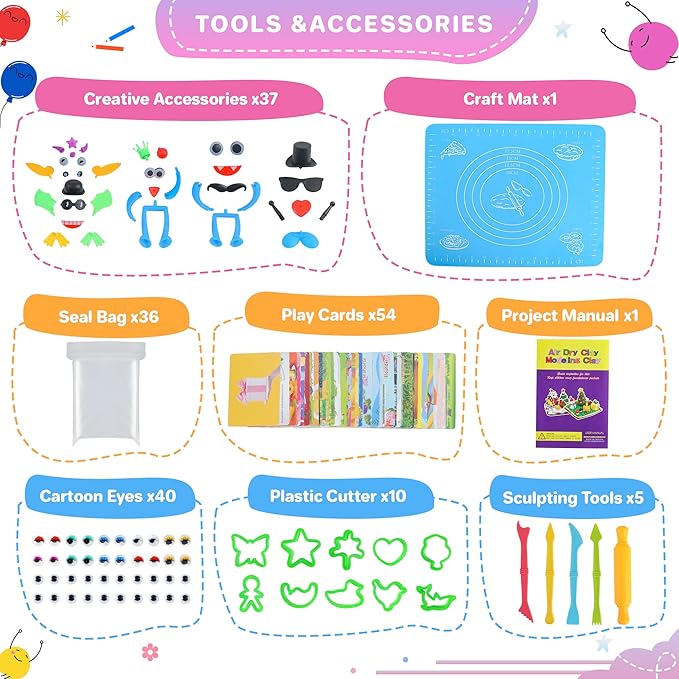 Air Dry Clay 50 Colors, Modeling Clay for Kids, DIY Model Magic Clay, Molding Clay Kit with Sculpting Tools, Non-Sticky Soft and Super Light, Arts and Crafts Gift for Boys Girls Kids.