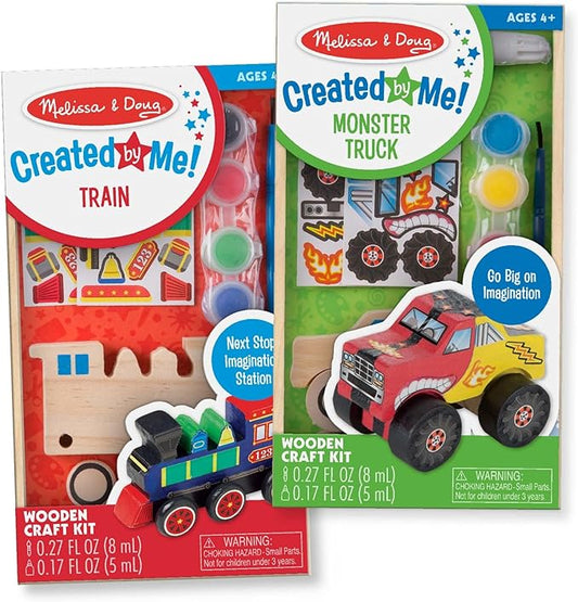 Melissa & Doug Created by Me! Paint & Decorate Your Own Wooden Vehicles Craft Kit For Kids 2 Pack – Monster Truck, Train