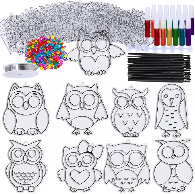 Winlyn 27 Sets Owl Suncatchers Ornaments Decorations DIY Window Paint Art Suncatchers Owl Craft Kits Sun Catchers for Kids Home Classroom Winter Holiday Season Fall Christmas Activities Party Favors