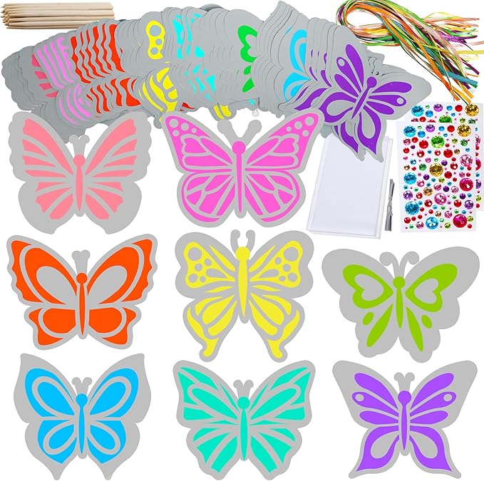 Winlyn 48 Sets 8 Styles Magic Color Scratch Butterfly Ornaments Decorations Butterfly Scratch Art Butterfly Craft Kits for Kids Classroom Easter Day Spring Activities Party Favors
