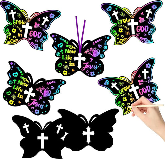 BeYumi 60Pcs Spring Christian Butterfly Scratch Cards for Kids DIY Religious Cross Magic Rainbow Color Craft Kit Scratch Paper Art Spring Resurrection Sunday School Classroom Decorations Gifts