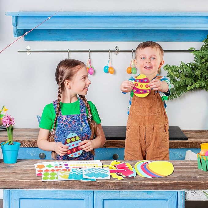 Fennoral 12 Pack Easter Egg Craft Kit for Kids Make You Own Egg Foam Stickers Ornament DIY Easter Arts and Crafts for Easter Art Activites Home School Easter Decoration