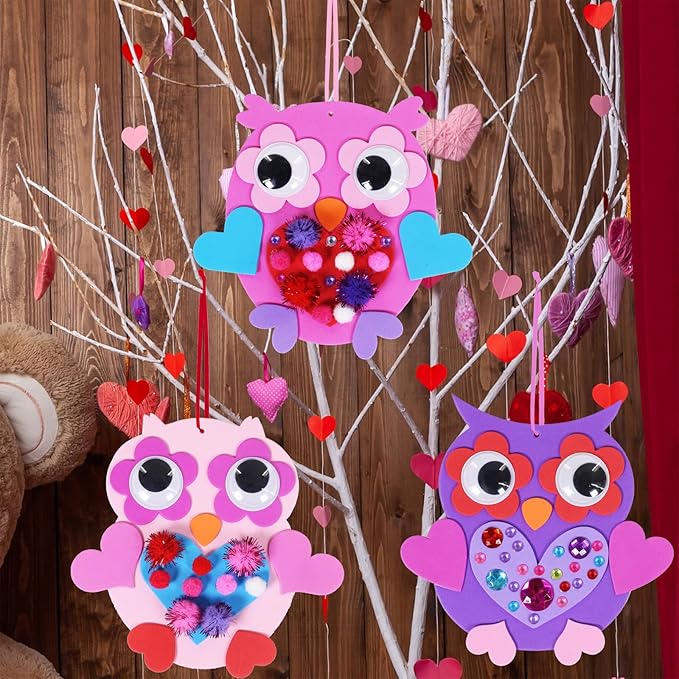 Winlyn 24 Sets Valentine Decorations DIY Heart Owl Ornaments Valentine Craft Kit Valentine Owl Art Sets Hearts Foam Valentine Stickers for Kids Valentine's Day Party Classroom Activities Gift Exchange