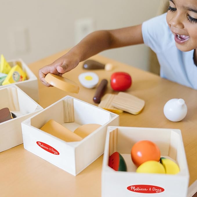 Melissa & Doug Food Groups - 21 Wooden Pieces and 4 Crates, Multi Play Food Sets For Kids Kitchen, Pretend Toy For Toddlers And Kids Ages 3+