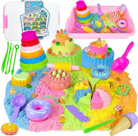 YongnKids Sensory Bin for Girls Kids,54 Pcs Ice Cream Cake Play Sand Art Kit with 2.2lb Color Sands/ 12 Cake Molds/Tools/Sandbox -Fun Sand Toys Birthday for Girls Toddler 3 4 5 6 Years Old