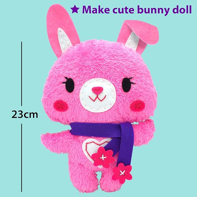 KRAFUN Sewing Kit for Kids Beginner My First Art & Craft, Includes Bunny Doll Stuffed Animal, Instructions & Plush Felt Materials for Learn to Sew, Embroidery, Age 7 8 9 10 11 12