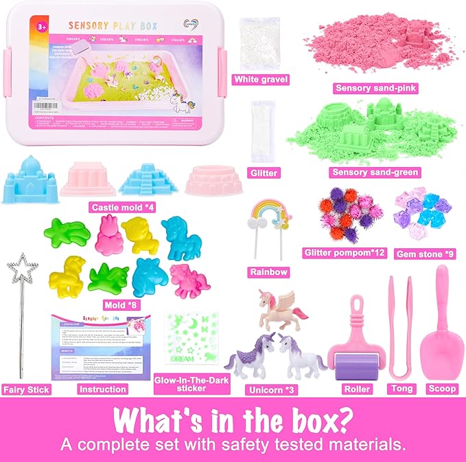 Unicorn Sensory bin, Unicorn Toy for Kids,Castle Moulds, Sensory Sand,Sand Art kit for Boys and Girl, Squishy Sand for Toddlers 3+………