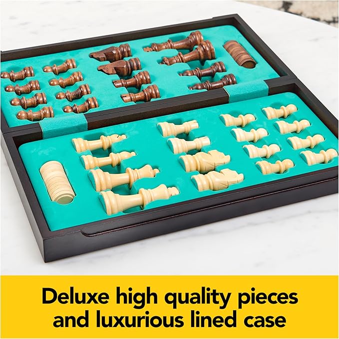 Legacy Deluxe Chess & Checkers Set, Classic Two Player Game Includes Folding Board with Solid Wood Playing Pieces, for Kids and Adults Ages 8 and up