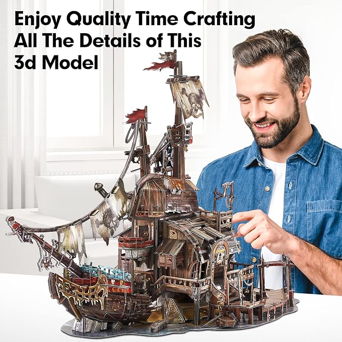 CubicFun 3D Puzzles for Adults Kids Tortuga Pirate Bay Cool Pirate Shipwreck Home Decor Indoor Model Kits Ragged Pirate Ship Crafts for Adults Birthday Gifts for Kids Women Men Teen Boy Room Decor