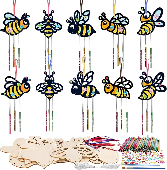 Fennoral 10 Pack Bee Wind Chime Kit for Kids Make You Own Honey Bee Wind Chimes Ornaments DIY Coloring Wooden Art and Craft for Insects Spring Art Activities Birthday Party Decorations